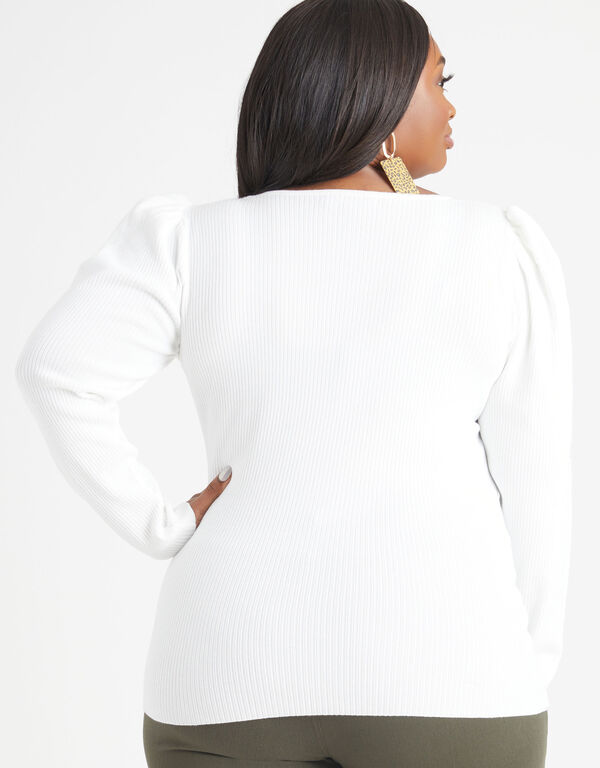 Puff Sleeve Ribbed Sweater, White image number 1