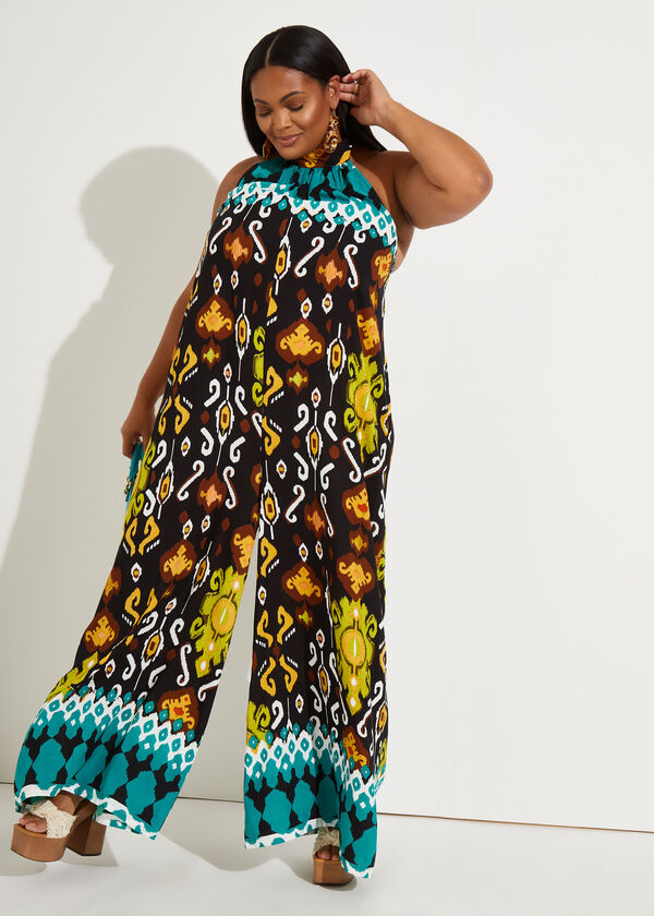 Batik Print Halter Jumpsuit, Brown Combo image number 0