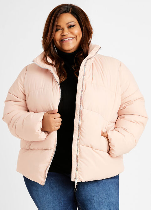 Zip Front Short Puffer Coat, Pink image number 0