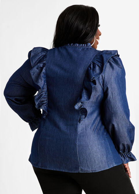 Ruffle Chambray Button Front Top, Denim Blue image number 1