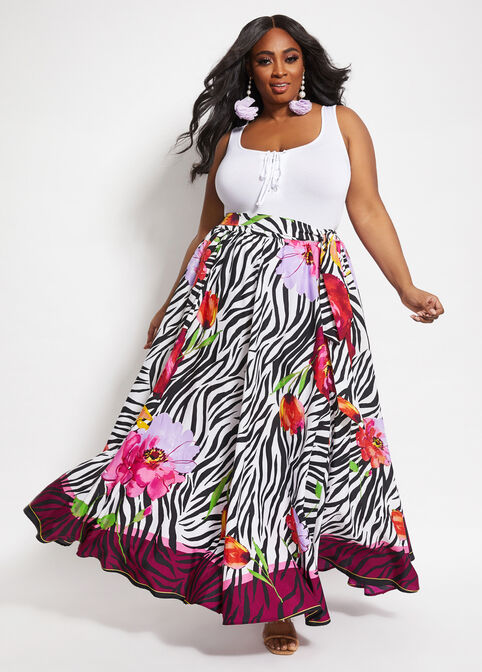 Belted Floral Zebra Maxi Skirt, Raspberry Radiance image number 2