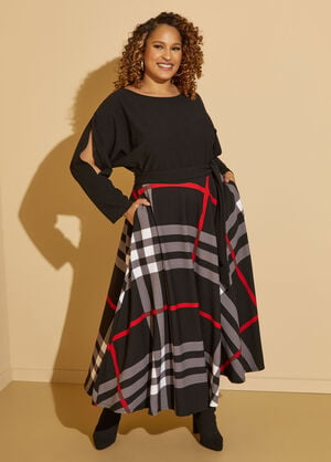 Split Sleeved Plaid Maxi Dress, Black Combo image number 0