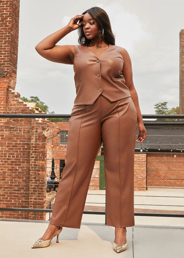 Faux Leather Straight Leg Trousers, Potting Soil image number 0
