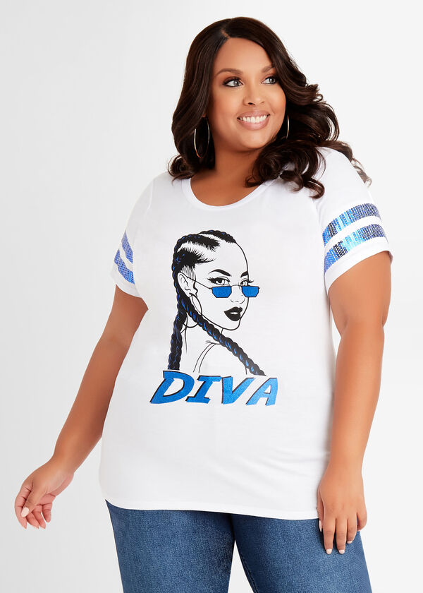 Sequin Braided Diva Graphic Tee, White image number 0