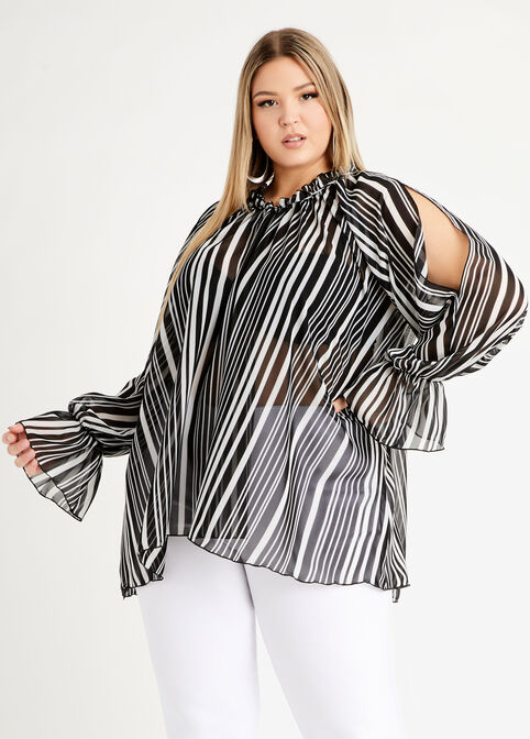 Stripe Sheer Open Sleeve Blouse, White Black image number 2