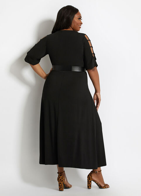 Belted Cutout Pleated Maxi Dress, Black image number 1