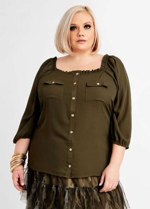 Square Neck Cargo Blouse, Olive Night image number 2