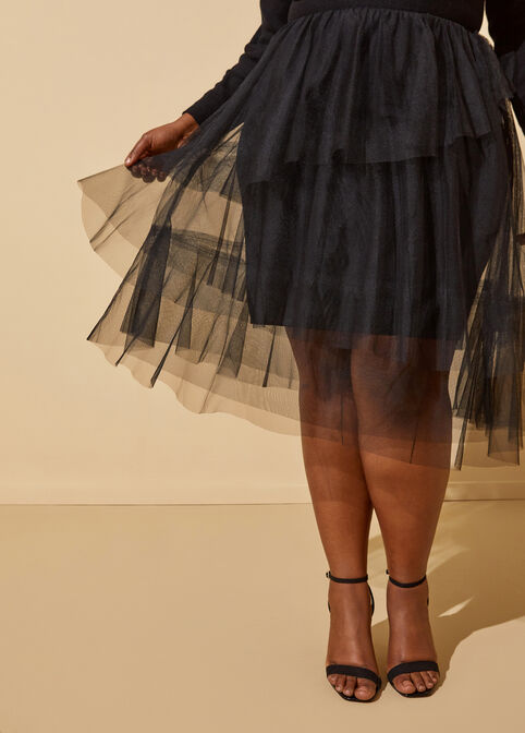 Tiered Tulle Sweater Dress, Black image number 2