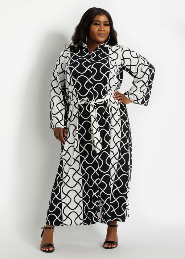 Plus Size Belted Abstract Colorblock Party Maxi Summer Shirtdresses