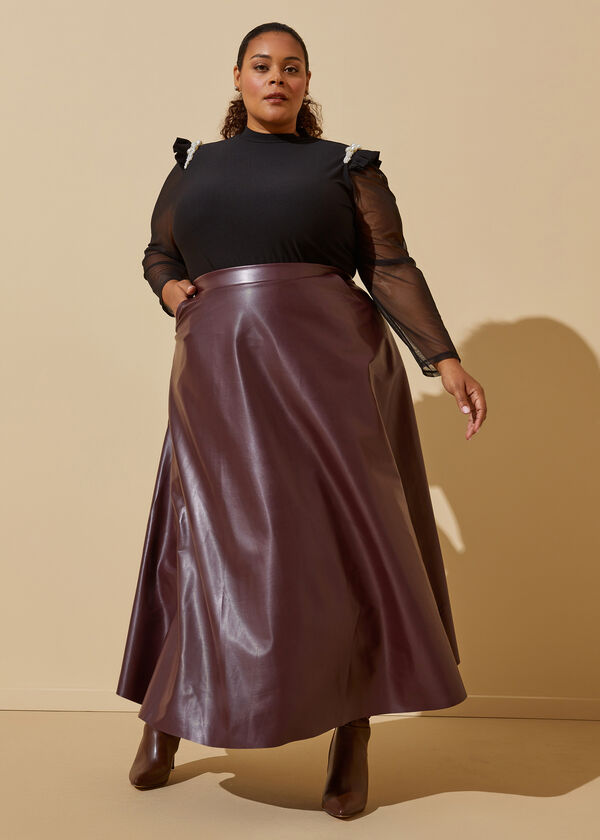 Faux Leather A Line Maxi Skirt, Burgundy image number 2