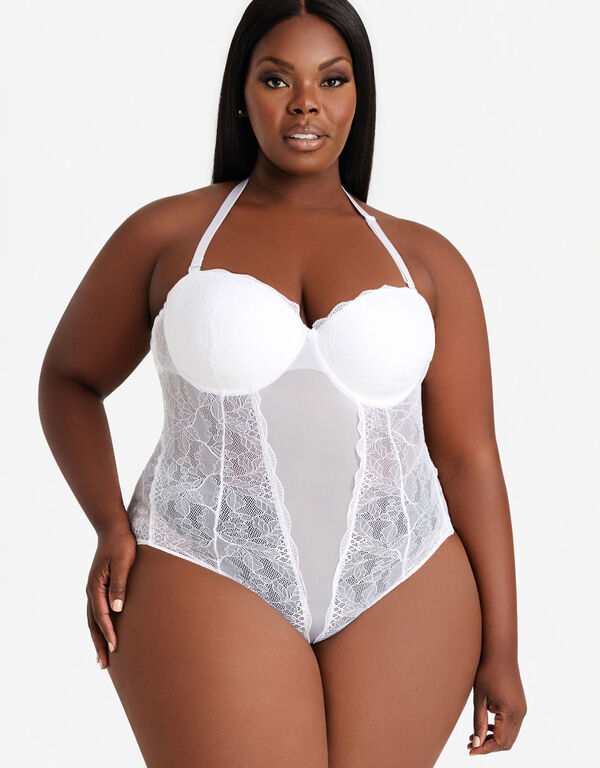 Mesh Paneled Lace Bodysuit, White image number 1