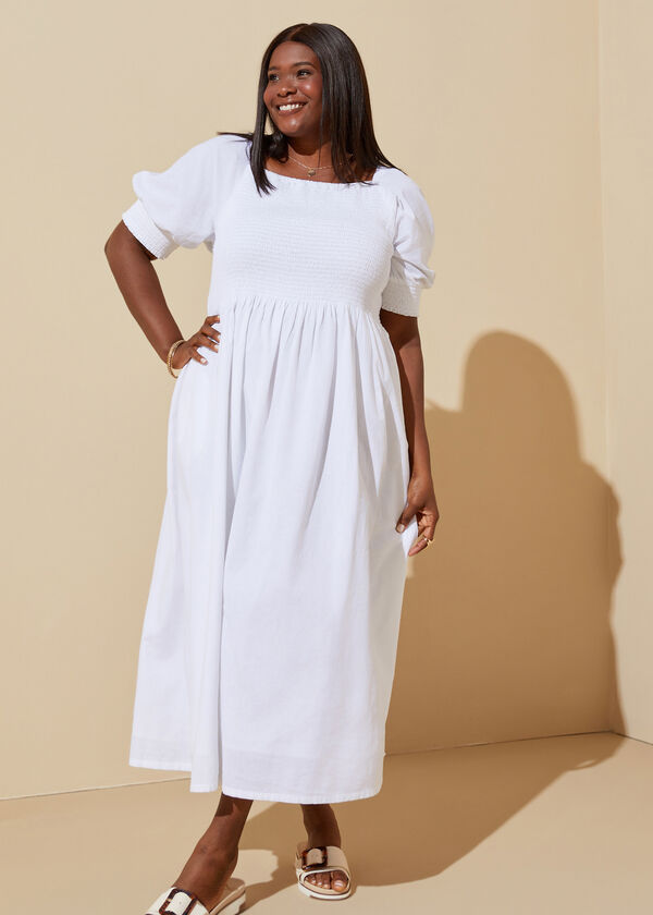 Shirred Linen Blend Maxi Dress, White image number 2