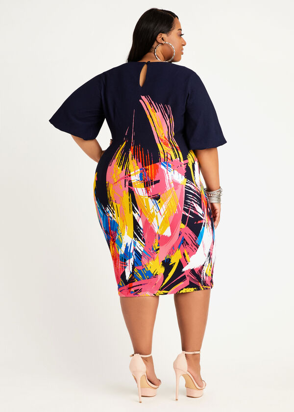 Plus Size Abstract Border Bodycon Knit Midi Dress