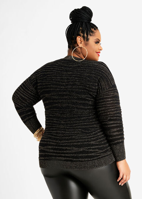 Lurex Stripe V Neck Sweater, Black image number 1