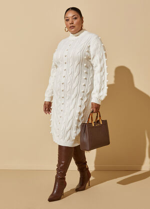 Cable Knit Midi Sweater Dress, Egret image number 0