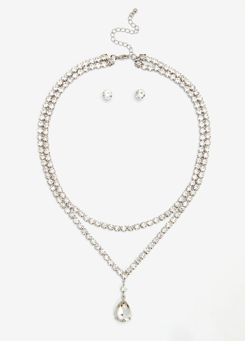 Teardrop Crystal Necklace Set, Silver image number 0