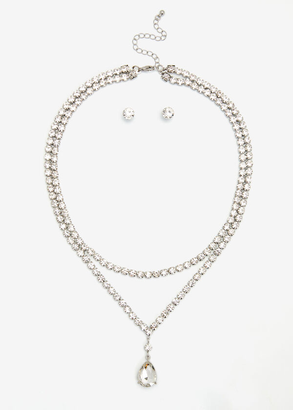 Teardrop Crystal Necklace Set, Silver image number 0