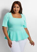 Plus Size Solid Stretch Knit Square Neck Elbow Sleeve Peplum Top image number 0