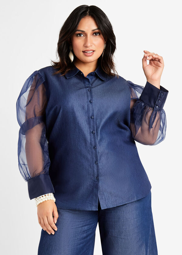 Sheer Sleeve Chambray Button Up, Denim Blue image number 2