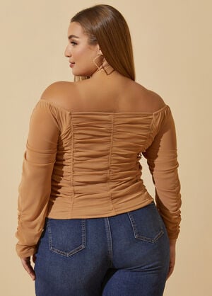 Ruched Mesh Corset Top, Tan image number 1