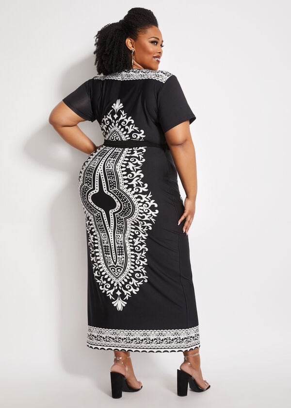 Plus Size Black Scarf Status Stretch Belted Short Sleeve Maxi Dress