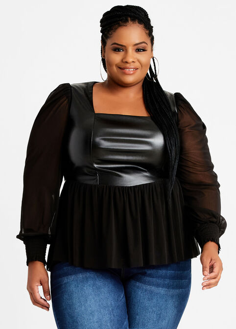 Faux Leather & Mesh Peplum Top, Black image number 0
