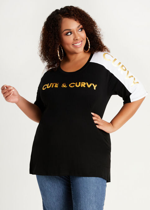 Sequin Cute & Curvy Graphic Tee, Black image number 0