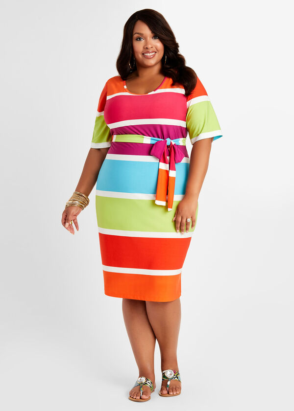 Belted Striped Bodycon Dress, Multi image number 0