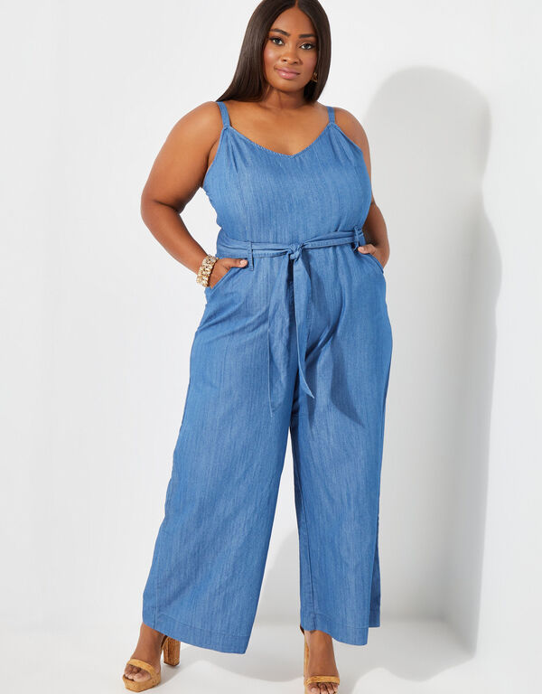Belted Chambray Wide Leg Jumpsuit, Dk Rinse image number 0