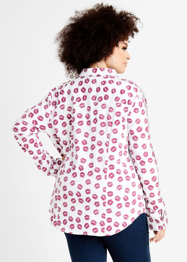 Classic Lips Print Button Up Top, White image number 1