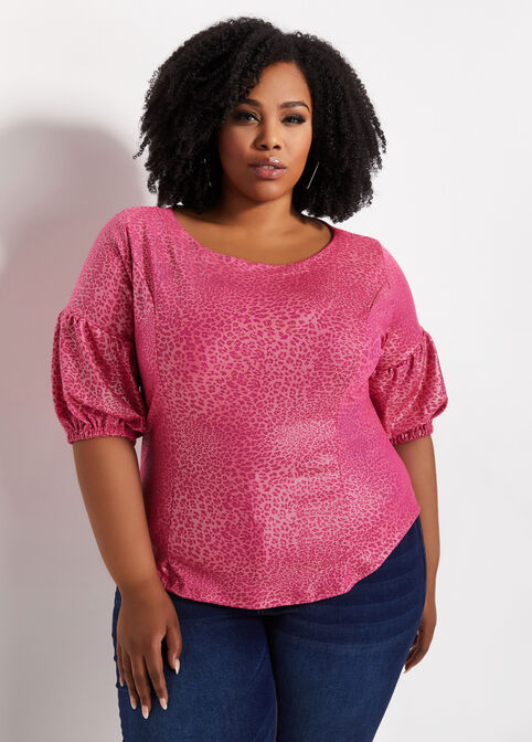 Foil Animal Puff Sleeve Fitted Top, Geranium Pink image number 0