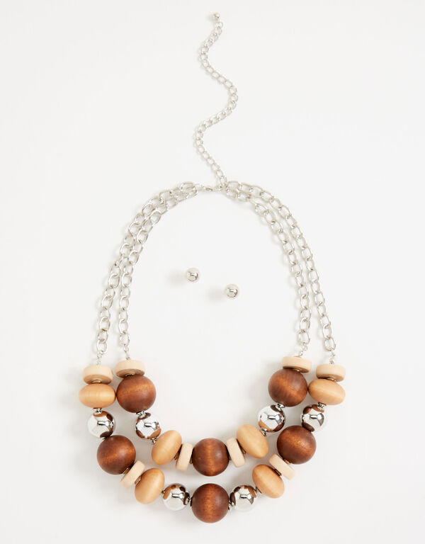 Chunky Wood Bead Necklace & Studs, Dark Brown image number 1