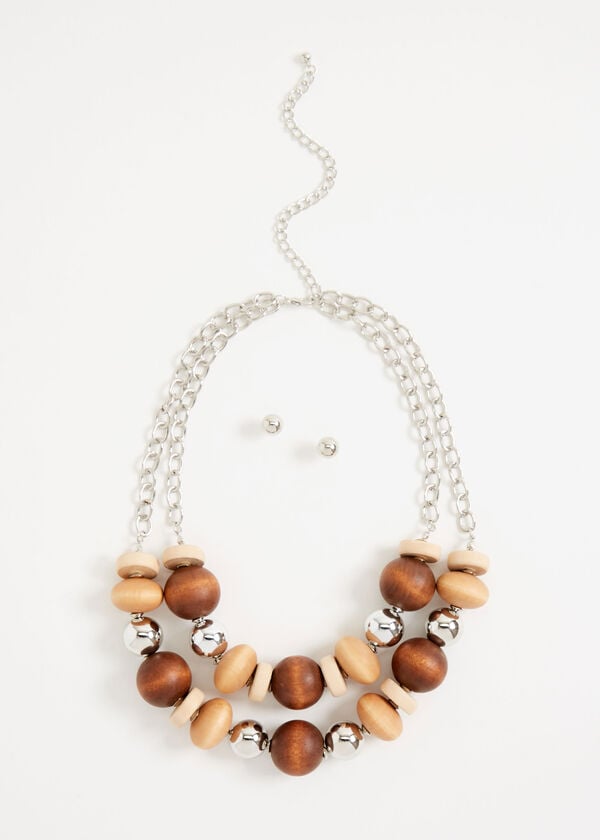 Chunky Wood Bead Necklace & Studs, Dark Brown image number 1