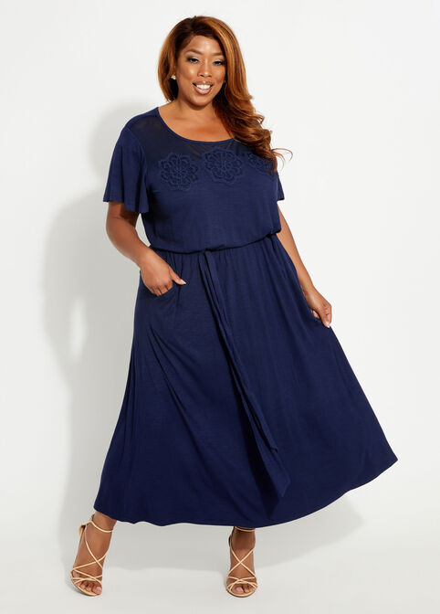 Plus Size Mesh Lace Floral Crochet Trim Belted Drape Summer Maxi Dress image number 0