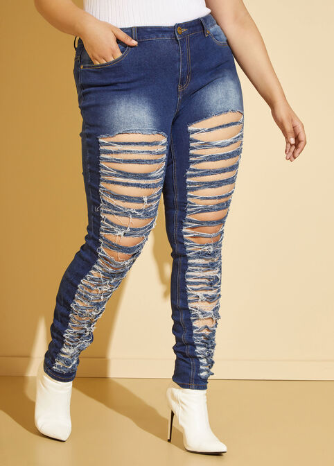 High Rise Ultra Distressed Jeans, Dk Rinse image number 2