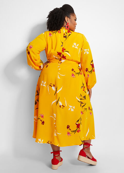 Belted Floral Mock Wrap Maxi Dress, Nugget Gold image number 1