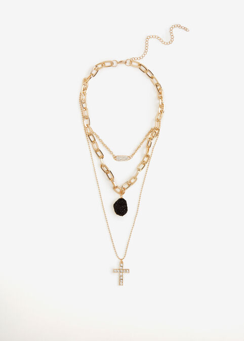 Gold Three Strand Pendant Necklace, Black image number 0