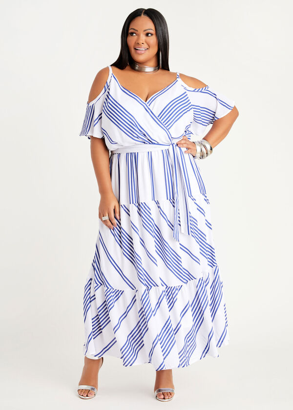 Stripe Cold Shoulder Tiered Maxi, Peacoat image number 0