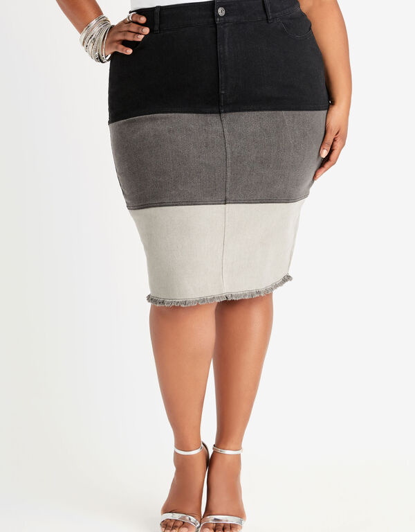 Colorblock Raw Edge Denim Skirt, Black Combo image number 0