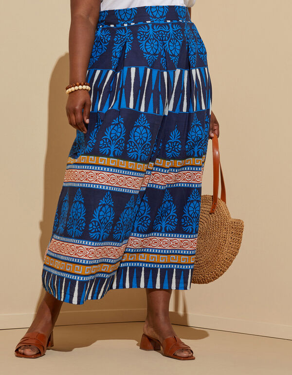 Pleated Printed Cotton Midi Skirt, Blue image number 0