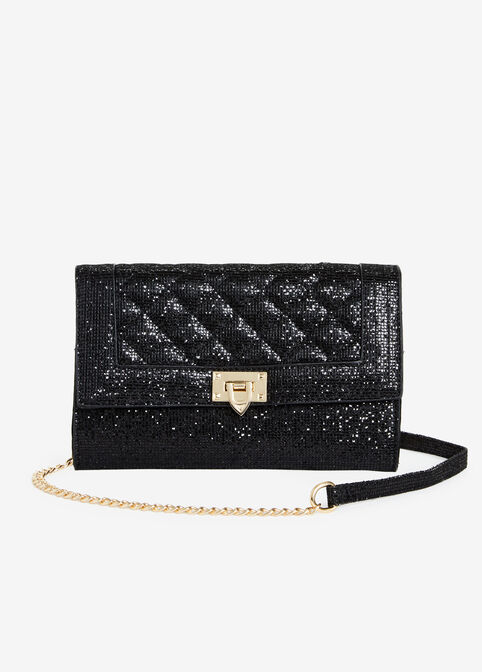 Black Sequin Quilted Chain Clutch, Black image number 0