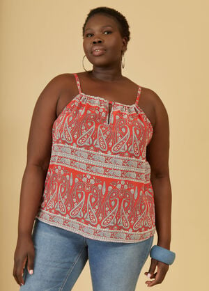 Paisley Print Keyhole Top, Red image number 0