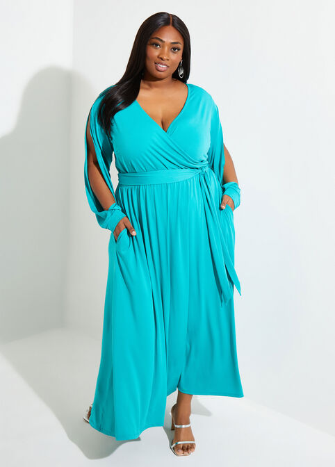 Split Sleeve Faux Wrap Maxi Dress, Deep Peacock Blue image number 0