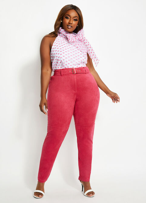 Pink Belted Faux Suede Skinny Pant, Cerise image number 2