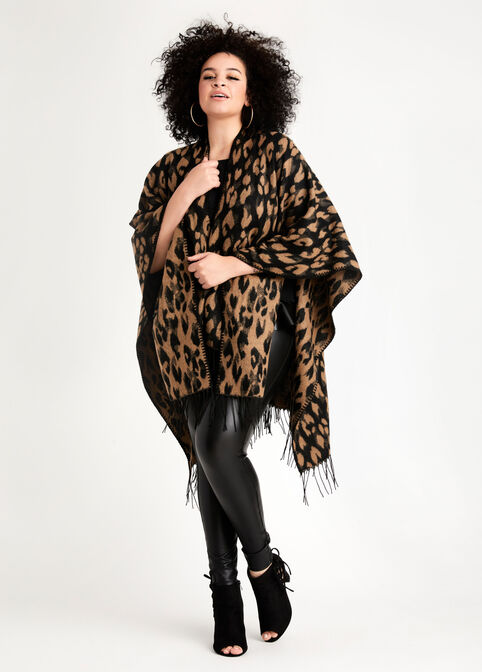 Plus Size Trendy Leopard Reversible Cozy Chic Woven Ruana Shawl image number 0