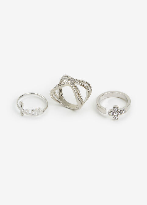 Silver Faith & Cross Ring Trio Set, Silver image number 0
