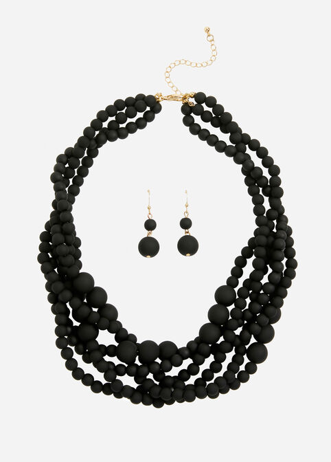 Beaded Necklace & Drop Earring Set, Black image number 0