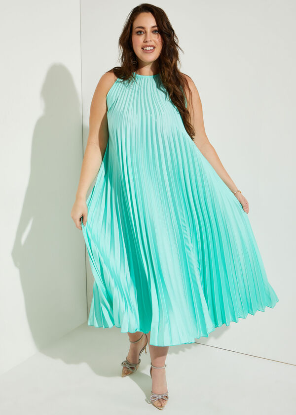 Belted Pleated Satin Maxi Dress, Ice Green image number 0