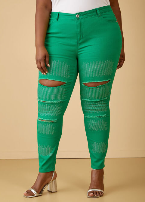 Cutout Crystal Skinny Jeans, Jelly Bean image number 3