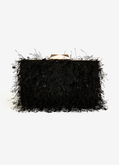 Feathered Boxed Clutch, Black image number 0